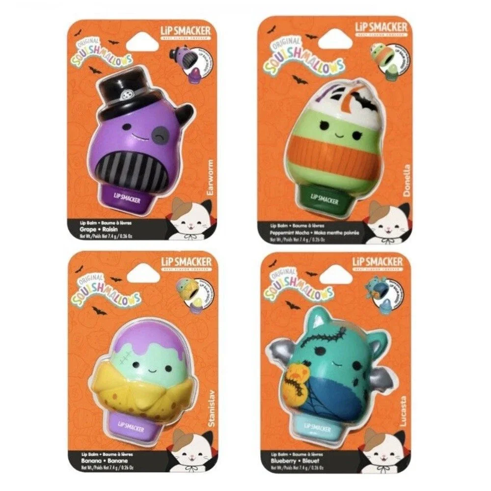 4x Lip Smacker Halloween Squishmallows Balm Lucasta Donella Stanislay & Earworm